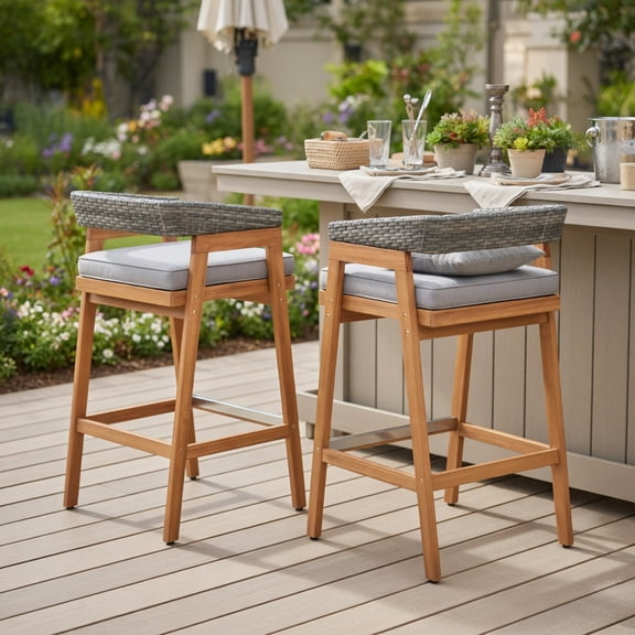 Spaco Set of 2 Patio Acacia Wood Counter Height Bar Stools, Bar Stool with Cushions and PE Wicker Backrests Footrests for Patio, Garden, Backyard, Gray