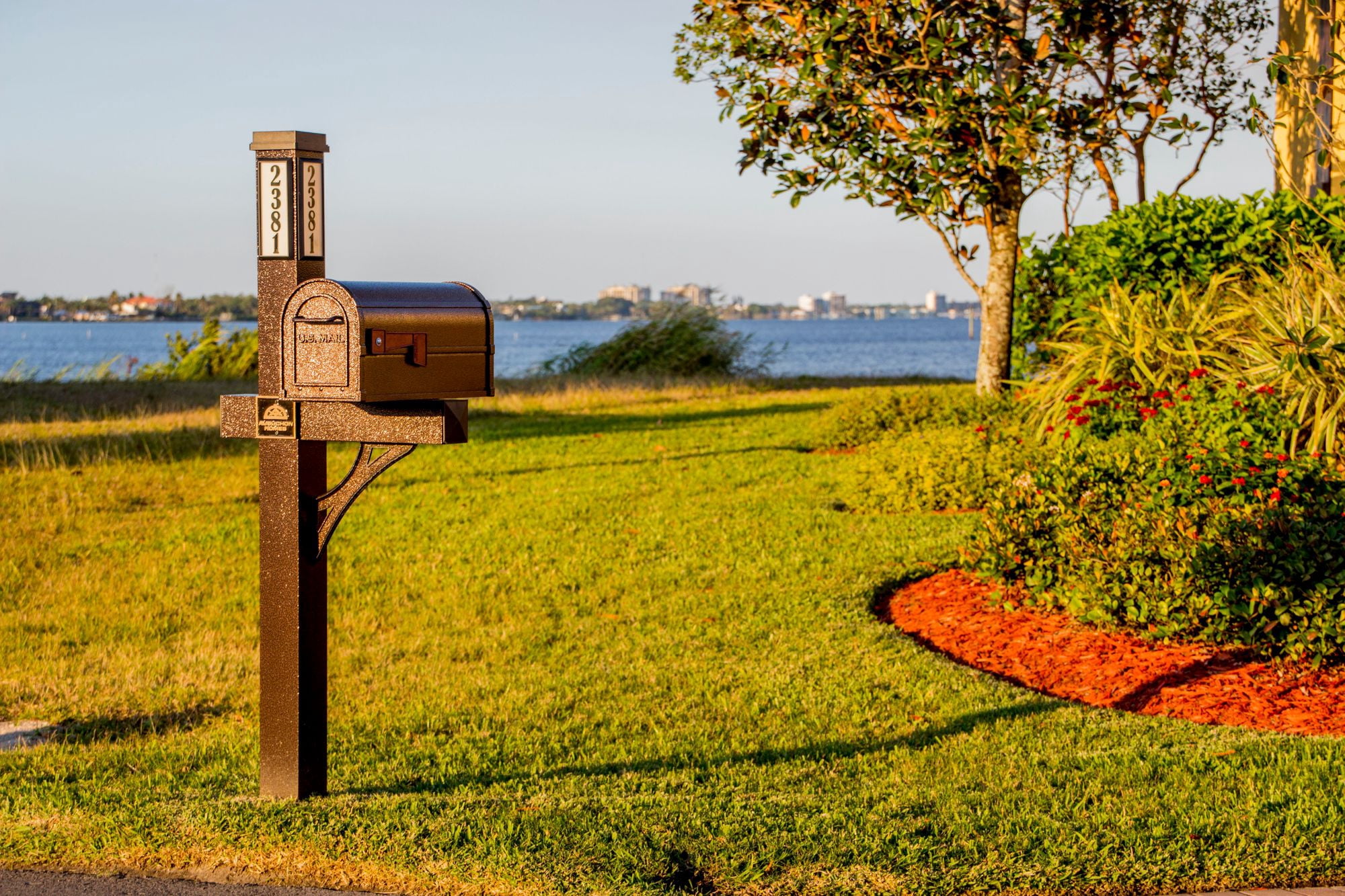 BrightLight Mailbox New Solar Powered Single Post 2 Door Mailbox with Address Panel, Hammered Bronze