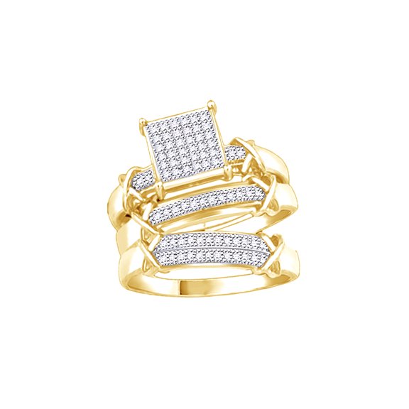 AFFY White Natural Diamond Wedding & Engagement Trio Band Ring Set In 10k Yellow Gold (0.25 Cttw)