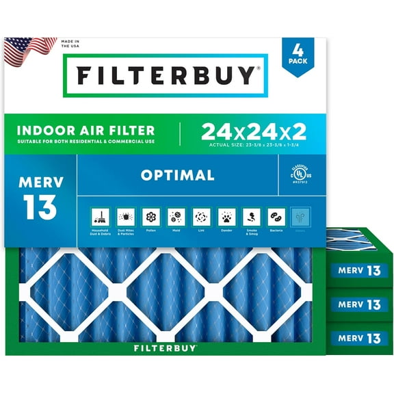 Filterbuy 24x24x2 MERV 13 Health Defense, Pleated HVAC AC Furnace Air Filters (4-Pack)