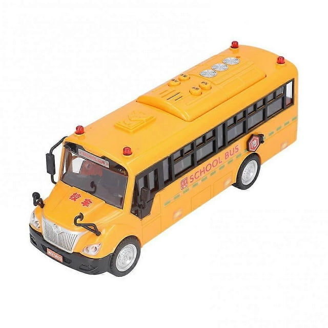 Autobús escolar amarillo de juguete con puertas que se abren, luces y sonidos para niños.
