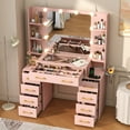 thumbnail image 7 of Pink Vanity Desk with Mirror & LED Lights, Glass Top Vanity Desk with Charging Station & Compartment Storage Drawers, 43" Large Makeup Vanity Table with 9 Drawers & 6 Shelves, 7 of 7