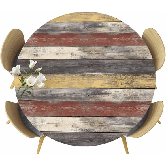Farmhouse Grey Yellow Vinyl Outdoor Round Fitted Tablecloth with Elastic Edge-Waterproof, Retro Vintage Wood Table Cover Protector for Indoor Outdoor Patio Dinning Picnic Party 36"-44"