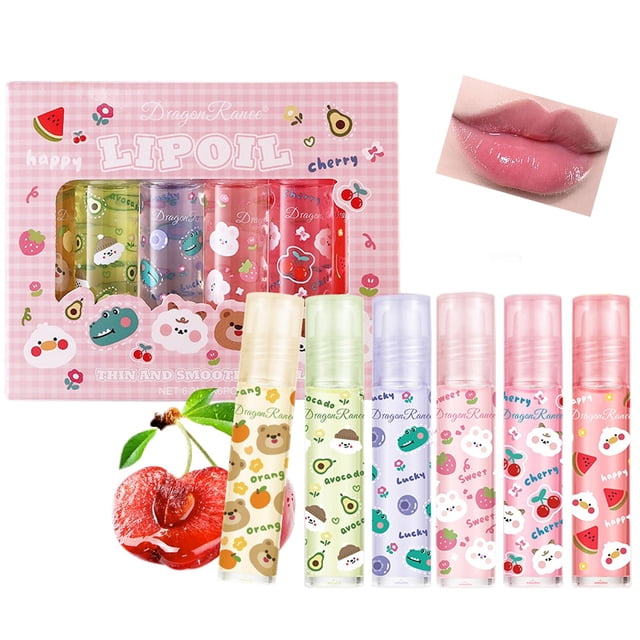 Dulele Juego de 6 brillos labiales en rollo con sabores frutales, aceite labial con bola rodante, bálsamo labial no pegajoso, cuidado de labios para labios secos y agrietados