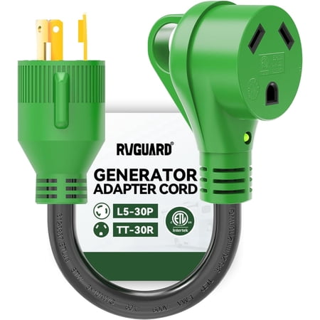 RVGUARD 3 Prong 30 Amp to 30 Amp RV Generator Adapter Cord 12 Inch STW 10/3, L5-30P Locking Male Plug to TT-30R Female with LED Power Indicator, Green