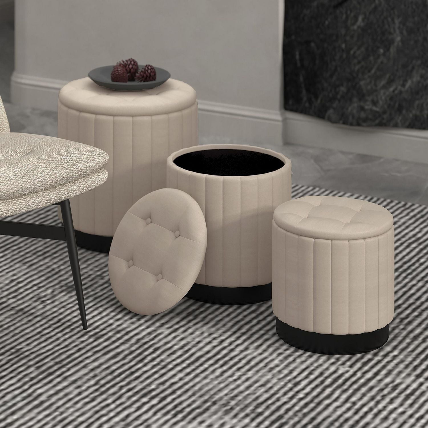 Ensemble de 3 ottomanes de rangement rondes modernes en tissu et en acier inoxydable – beige et noir