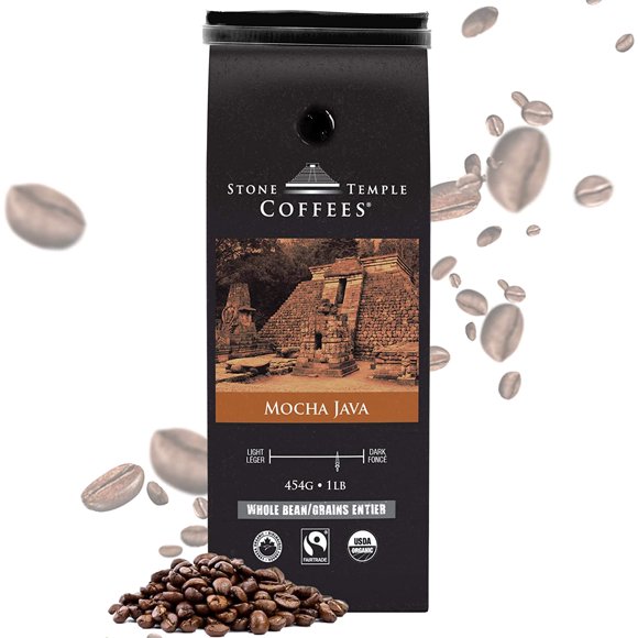 Stone Temple Organic Coffee Whole Bean - Mocha Java, Medium Roast, Certified USDA & COR Organic and Fair Trade, 100% Arabica Grade A, 1lb/454g Bag