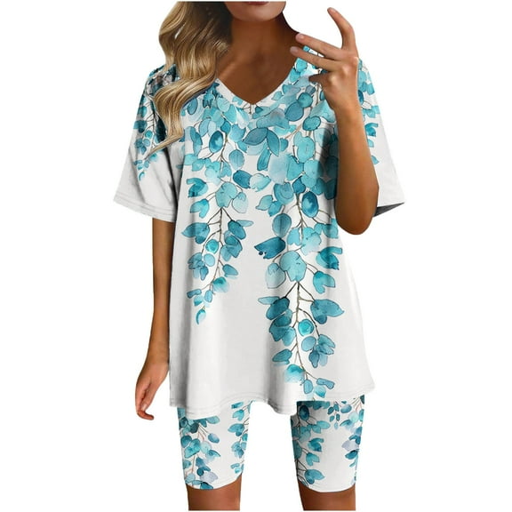 Idoravan Two Piece Sets for Women Shorts Summer Lounge Sets for Women 2 Piece Women Fashionable Loose Fitting Casual Printed Shorts Short Sleeved-Neck Blouses Sets