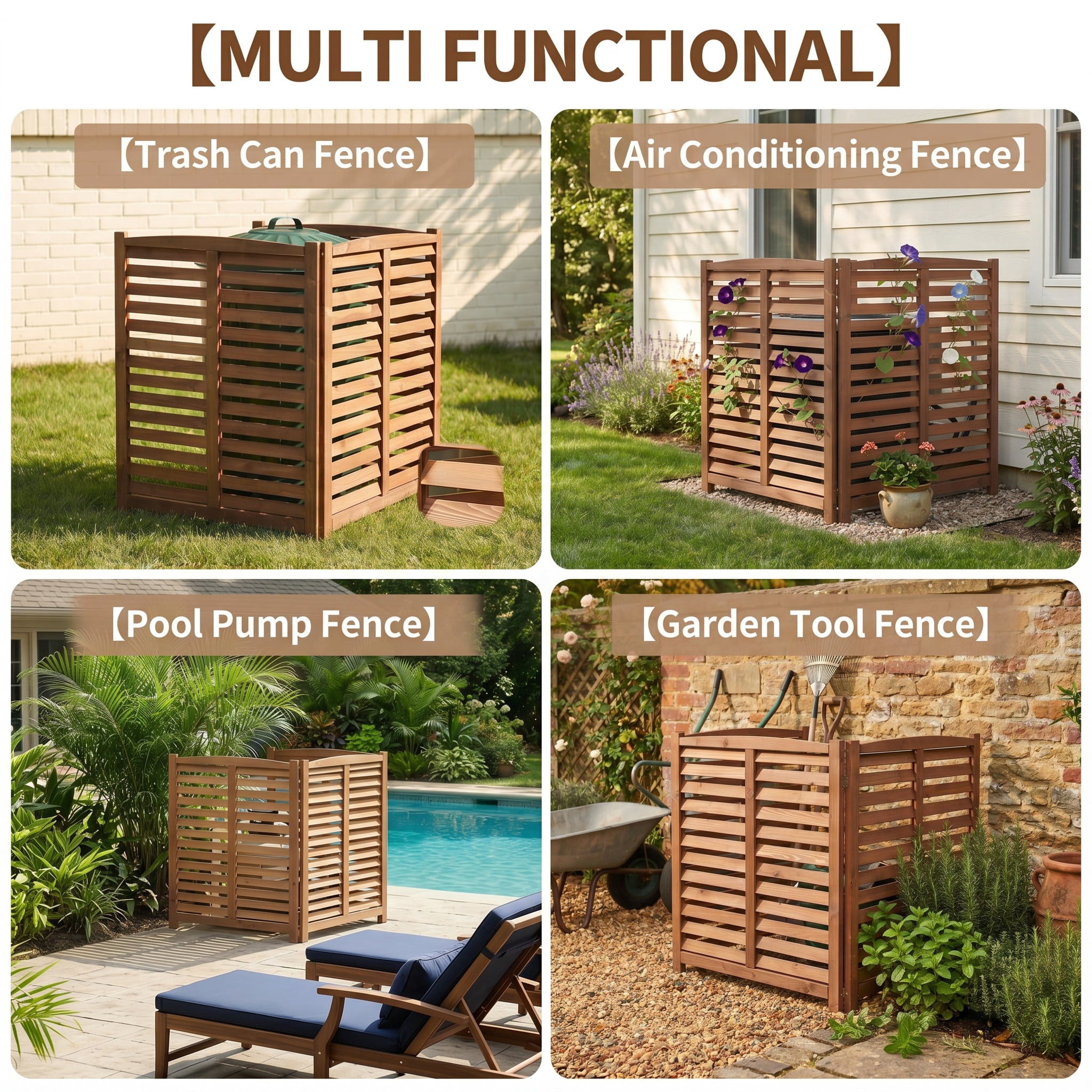 Outdoor Wood Privacy Fence 3-Panel 32W x 38H, Solid Wood Air Conditioner Screen with Slat Spacing for AC Unit Trash Can Pool Pump Enclosure, Brown