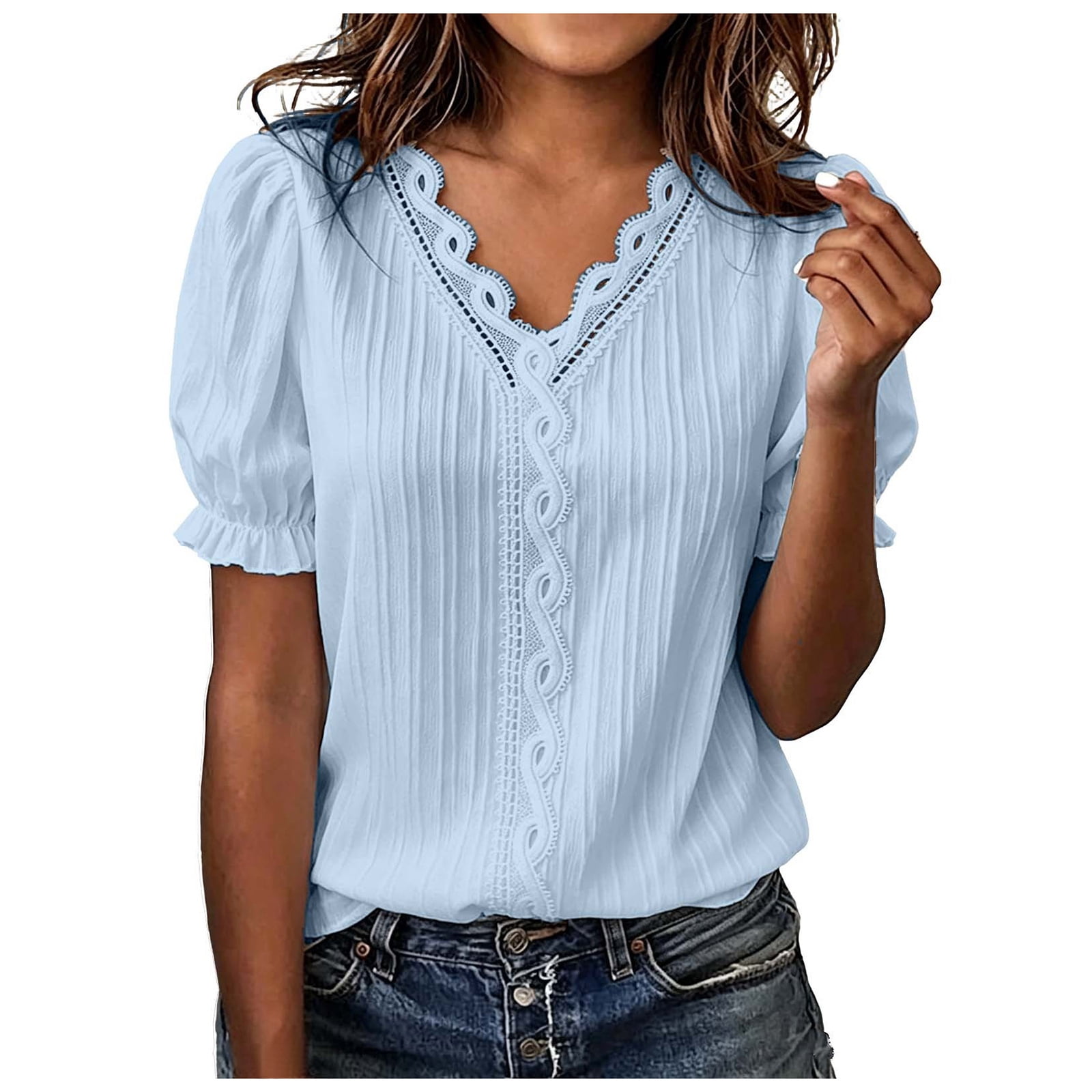 OJSFQUFP Women Summer Lace V Neck Plain Lace Elegant Shirt Fashion Solid Color Elegant Blouse Short Sleeve Scrub Tops