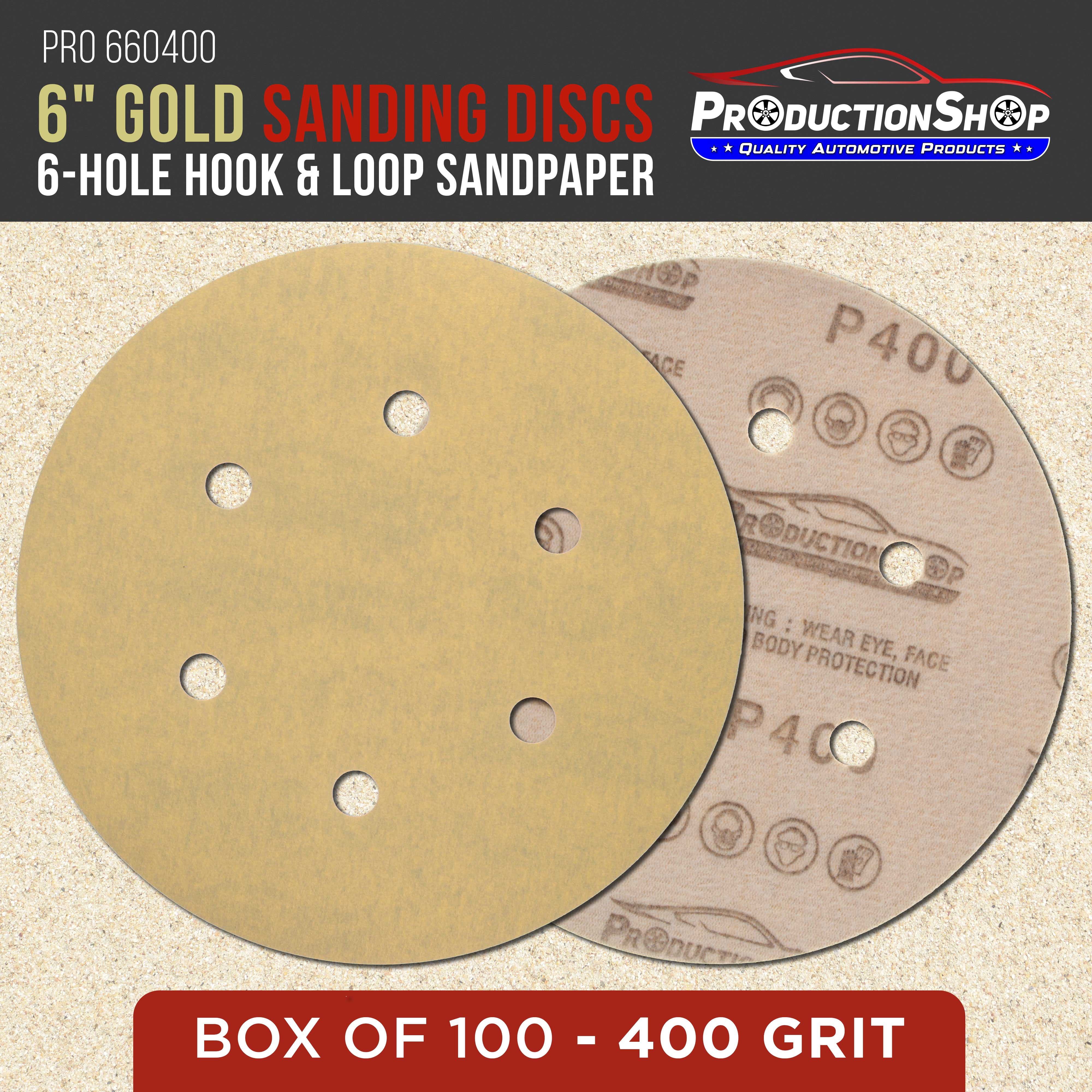 ProductionShop Premium 400 Grit 6" Gold Sanding Discs, 6-Hole Pattern, Box of 100 - Dustless Hook & Loop Backing Sandpaper for DA & Random Orbital Sanders, Sand Auto Paint, Wood Woodworking Furniture
