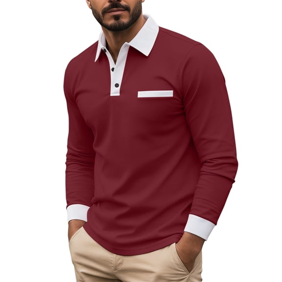 Betivan Men's T-shirt Solid Color Long Sleeved Lapel Button Down Top, Soft Breathable Casual Tee for Business office Outdoor Camping