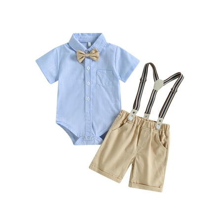 

Binpure Infant Boys Summer Gentleman Clothes Bowtie Turn-Down Collar Short Sleeve Romper and Bib Straps Shorts 2Pcs Suit