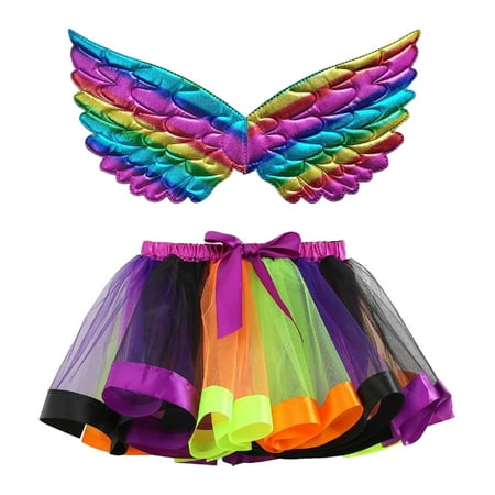 

WUXIAN Toddler Kids Girls Ballet Skirts Party Halloween Bowknot Patchwork Color Tulle Dance Skirt Wing Two Piece Outfits Set For Kids Clothes Infants Baby Children Classic Dailywear