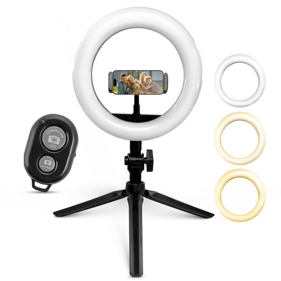 iDance LED Ring Light with Stand, 8", Portable Desk Ring Light with Cell Phone Holder and Tripod for Laptop, Selfie, USB Powered & Remote Controlled with Foldable & Adjustable Stand