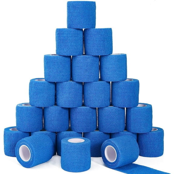 24 Pack Self Adhesive Cohesive Bandage Wrap, 2” x 5 Yards Blue Athletic Tape Pre Wrap Elastic Medical Tape Non Woven Bandage Rolls Vet Wrap for First Aid Medical, Sports, Knee, Ankle, Wrist Sprains