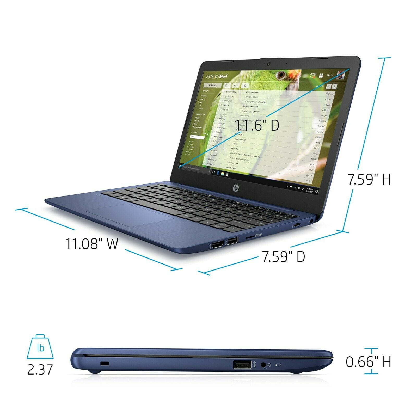 HP Stream 11.6", Celeron N4020, 4GB RAM, 64GB emmc, Royal Blue, Windows 10 Home in S mode, 11-ak0090wm