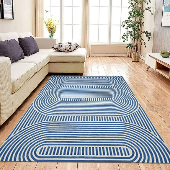 Blue Hand Tufted Rug 5x7, for Living Room, Hallway, Tufted Rugs, Geometric Carpet