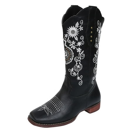 

Toe Print Slip On Heels Middle Women Embroidery Retro Shoes Booties Women s Boots