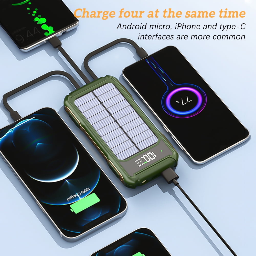 Solar Charger 10000mAh High Capacity Solar Power Bank with Built-in USB C & USB Input Cables, Fast Charge Portable Phone Charger with 4 Outputs & 2 Inputs for iPhone Samsung Tablet