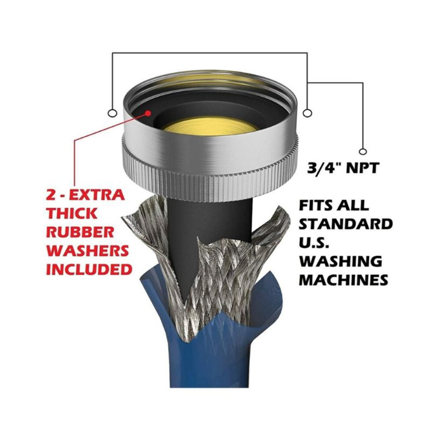 Washing Machine Hoses Stainless Steel Braided 90 degree elbow Water Supply Line - Premium 4 ft Burst Proof (2 pack) with Hot and Cold Color Coded Third Layer