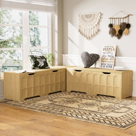FFZ 63"L 3-Piece L-Shaped Storage Bench with Padded Seat and Flip-Top Box, Natural