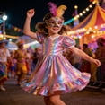 thumbnail image 2 of FINALGANG Girls Carnival Dress Kids Iridescent Rainbow Metallic Dress With Puff Short Sleeves Ruffled Hem Crewneck Party Dress For Holiday Casual Wear, 2 of 4