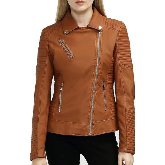 Celebrity Women's Tan Lambskin Leather Jacket Motorcycle Slim Fit Biker W259