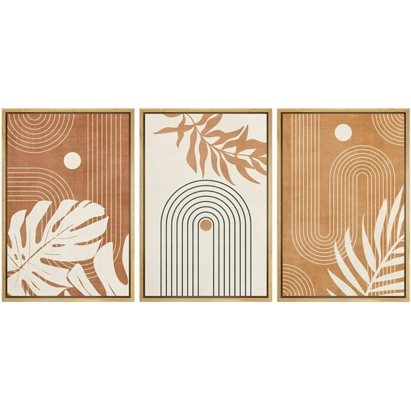 IDEA4WALL Framed Canvas Print Wall Art Set of 3 Mid-Century Tropical Monstera Leaf Illustrations Abstract Geometric Modern Art Boho Logic Wall Decorative Artwork for Room Decor - Natural 24"x36"x3