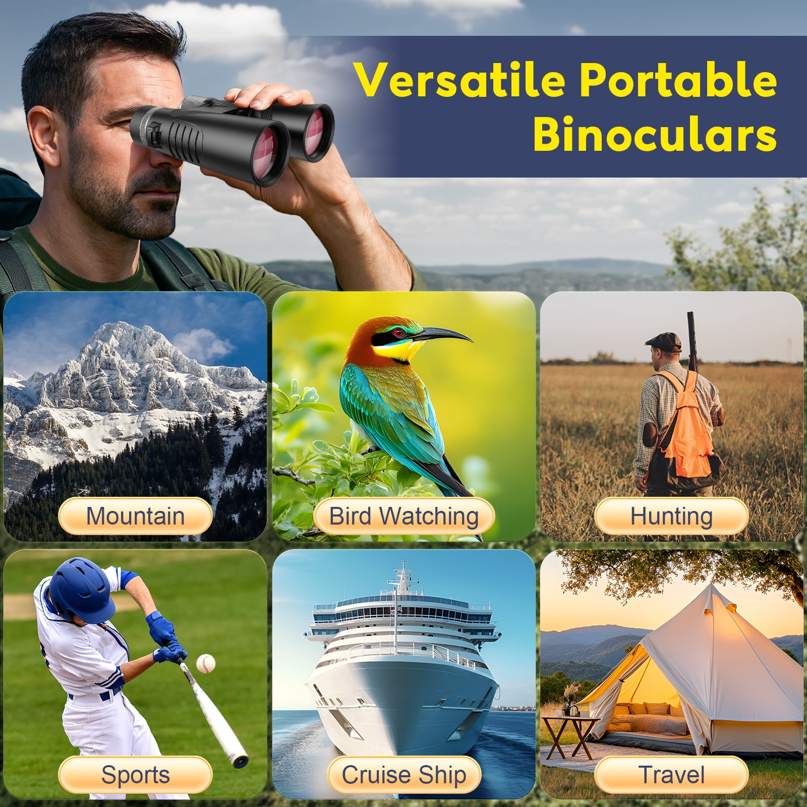 QUNSE 10x42 HD Binoculars for Adults High Powered with Upgraded Phone Adapter, Compact Waterproof Binoculars with Fully Multi Coated Lens, Ideal for Birding and Outdoors (Black)