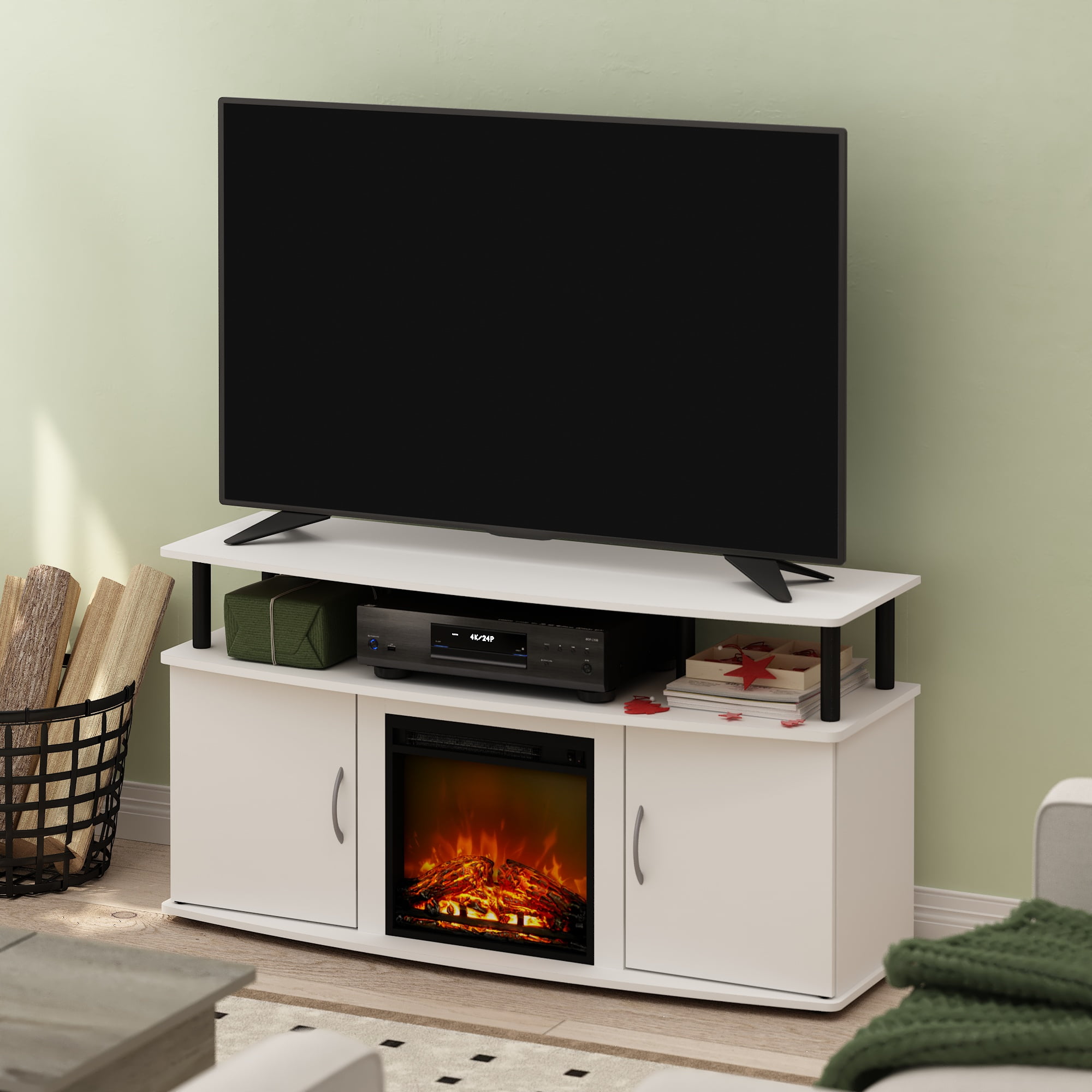 Furinno Jensen Living Room Fireplace Entertainment Center with Doors Storage Cabinet for TV up to 55 Inch, Solid White/Black