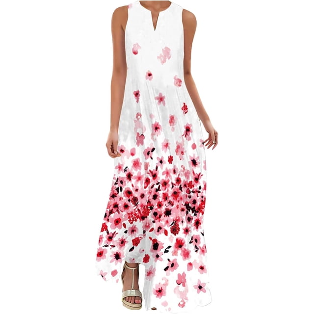 Generic Robes d'Été pour Femmes Tendance Imprimé Tournesol Col en V Robe Maxi Décontractée Sans Manches Robe de Plage avec Poches