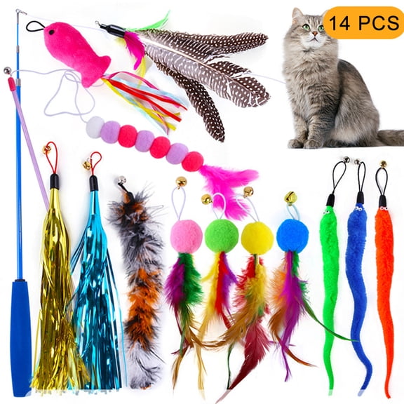 Toys Cat Toy Set Caterpillar Feather Replacement Head Colorful Hair Ball Tassel Retractable Fishing Rod   Amusing Cat Stick 14PCS Retractable