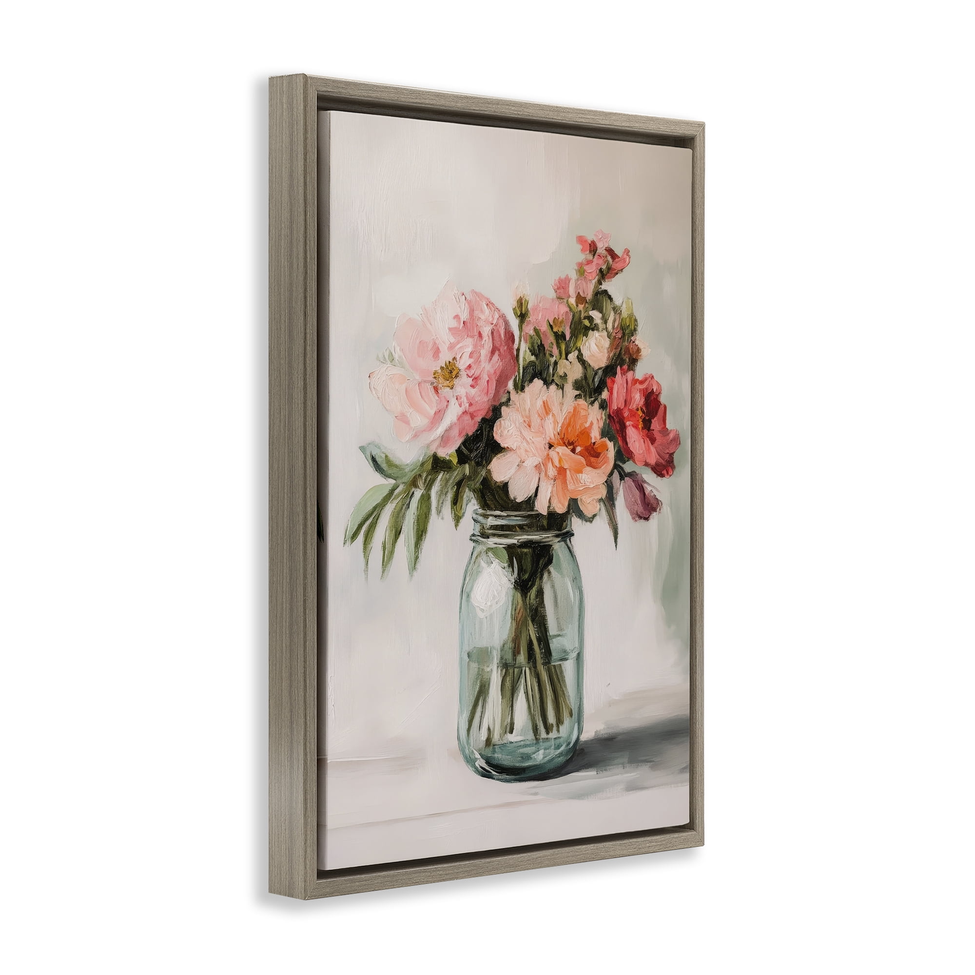 Stupell Industries Pink Flower Stems in Jar Brown Framed Floater Canvas Wall Art, design by Petal Prints Design