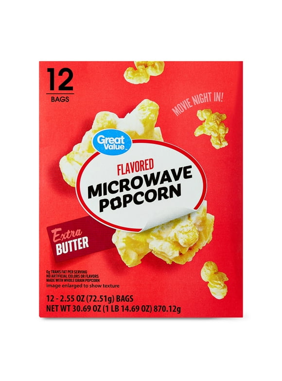 Great Value Extra Butter Flavored Microwave Popcorn, 2.55 oz, 12 Count