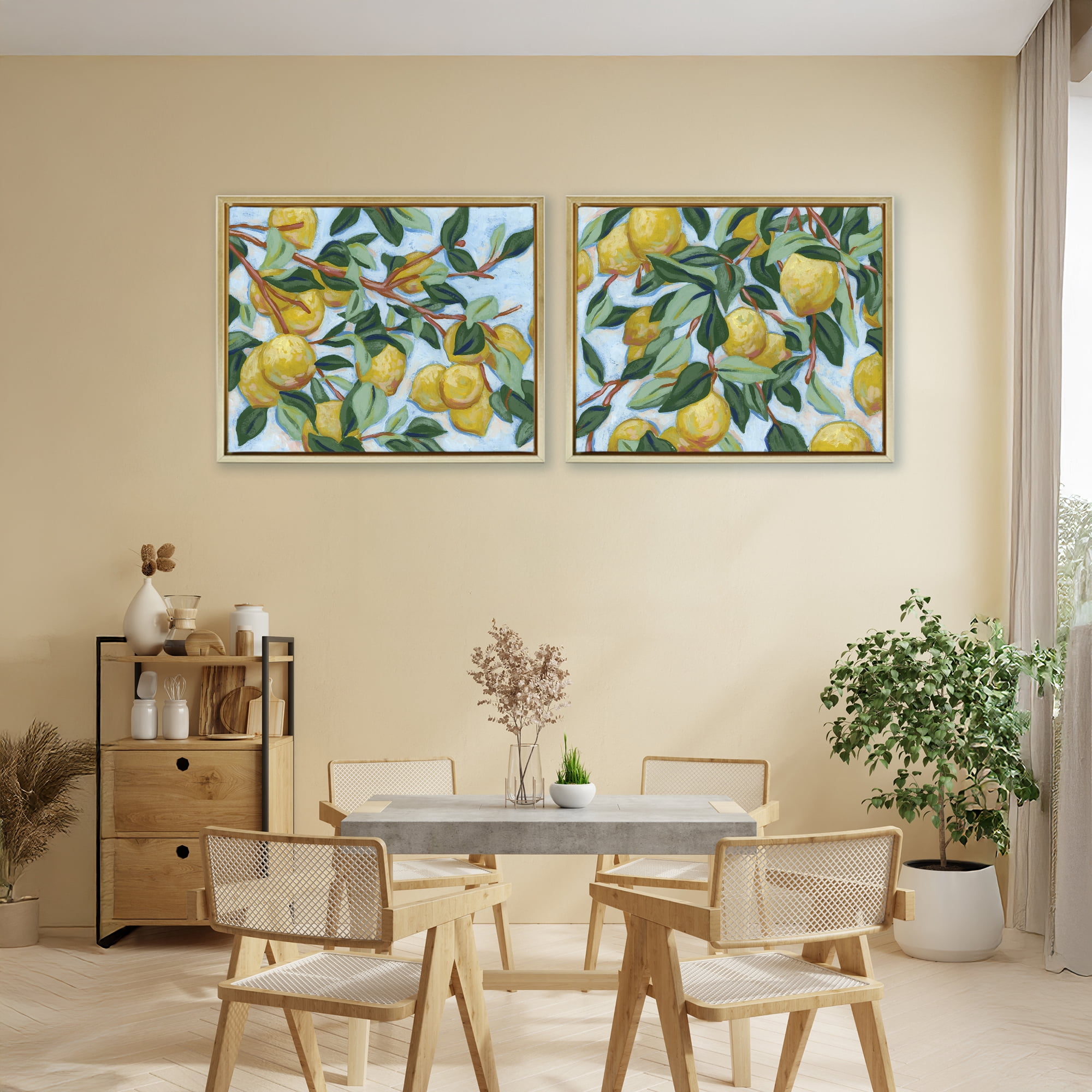 Stupell Industries Sunshine Lemon Tree 2 Piece Gold Framed Floater Canvas Set, design by June Erica Vess