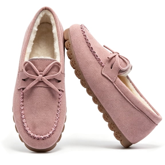CHICVOMEY Women's Faux Fur Lined Moccasin Slippers - Warm Suede Indoor&Outdoor House Shoes with Non-Slip Sole for Winter Comfort Moccasin Slippers