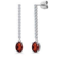 Gem Stone King 14K White Gold Red Garnet and Lab Grown Diamond Dangle Earrings for Women | 2.10 Cttw | Gemstone January Birthstone | Oval 7X5MM