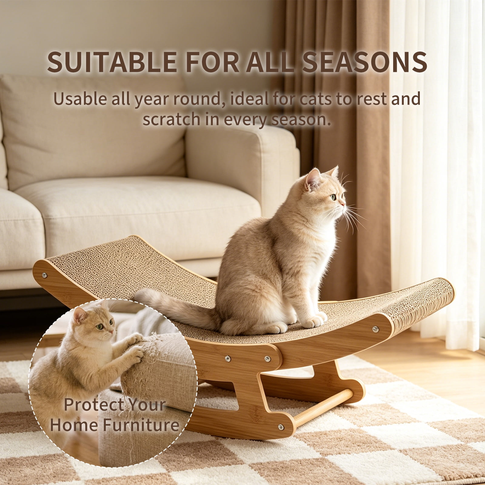Cat Scratching Rocking Chair Toy with Stable Base, Large Corrugated Cardboard Cat Scratcher Lounger Bed for Indoor Kitten Small Cats, Wear Resistant Claw Grinding Scratch Pad, 60*25cm