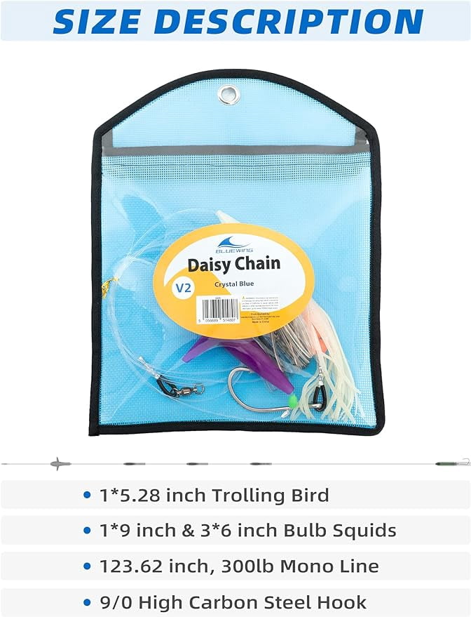 BLUEWING Daisy Chain Big Game Daisy Bird Bulb Squid Trolling Bird Tuna Lures Fishing Teasers for Marlin Sailfish Fishing Crystal Blue