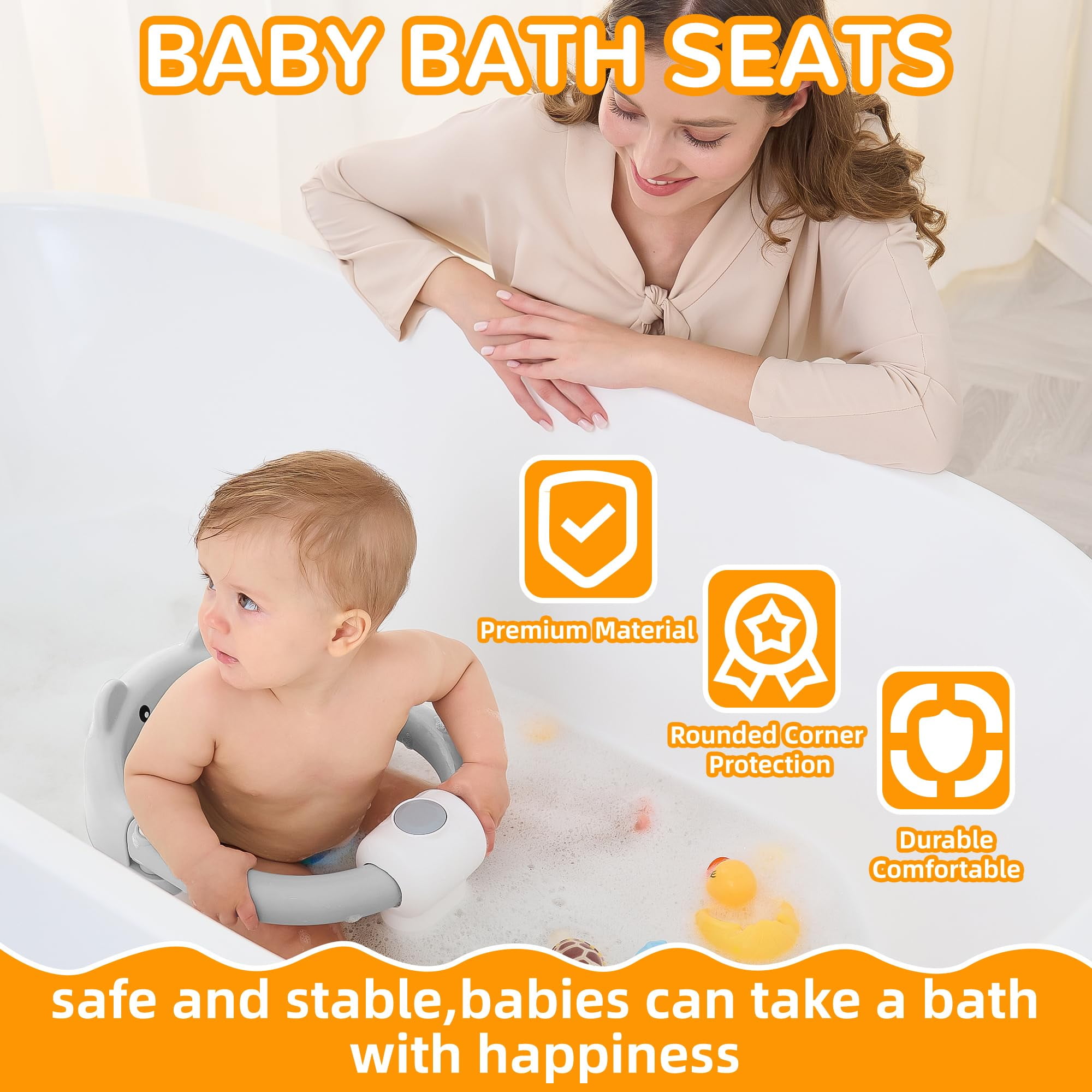 Soluxeo Baby Bath Seat for Babies 6 Months & up, Non-Slip Toddler Bath Seats for Babies Sitting Up with 4 Suction Cups & Soft Cushion for Shower(Gray)