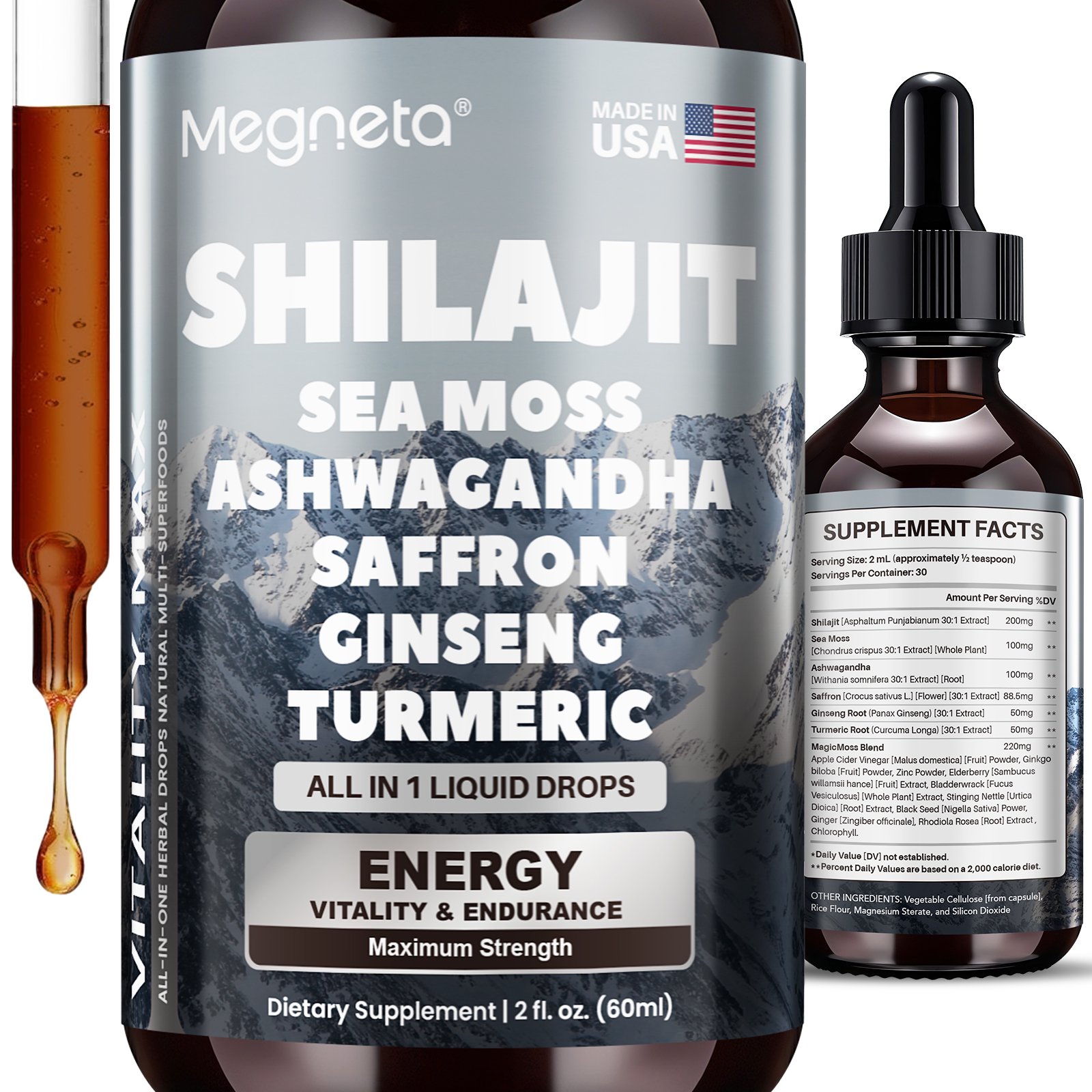 Megneta Shilajit Liquid Drops with Sea Moss, Ashwagandha, Saffron & Panax Ginseng, Energy, Vitality & Endurance Supplement, 2 fl oz