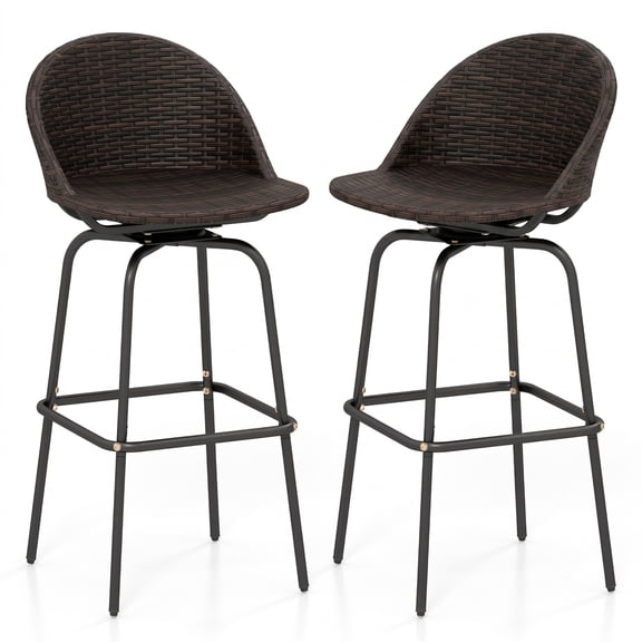 Furnibear Set of 2 Patio Swivel Bar Stools, 360-Degree Rotating Outdoor Rattan Counter Height Bar Chairs with Footrest and Metal Frame, 400 LBS Capacity for, Brown