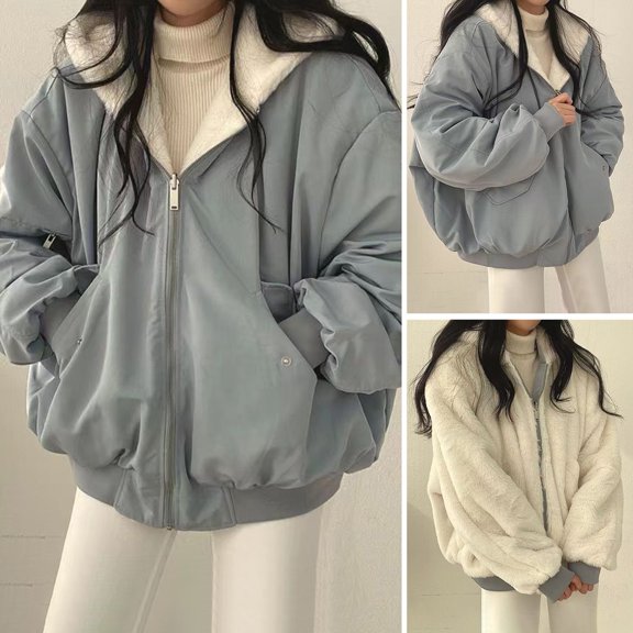 Winter Women Jacket - Thickened Fleece Lined Double-sided Wearing Hooded with Pockets Windproof Heat Retention
