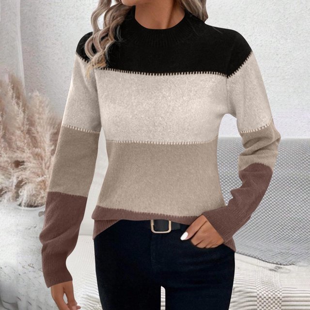 PEONAVET Chandails pour Femmes Mode Féminine Chandail à Manches Longues Col Rond Tricoté