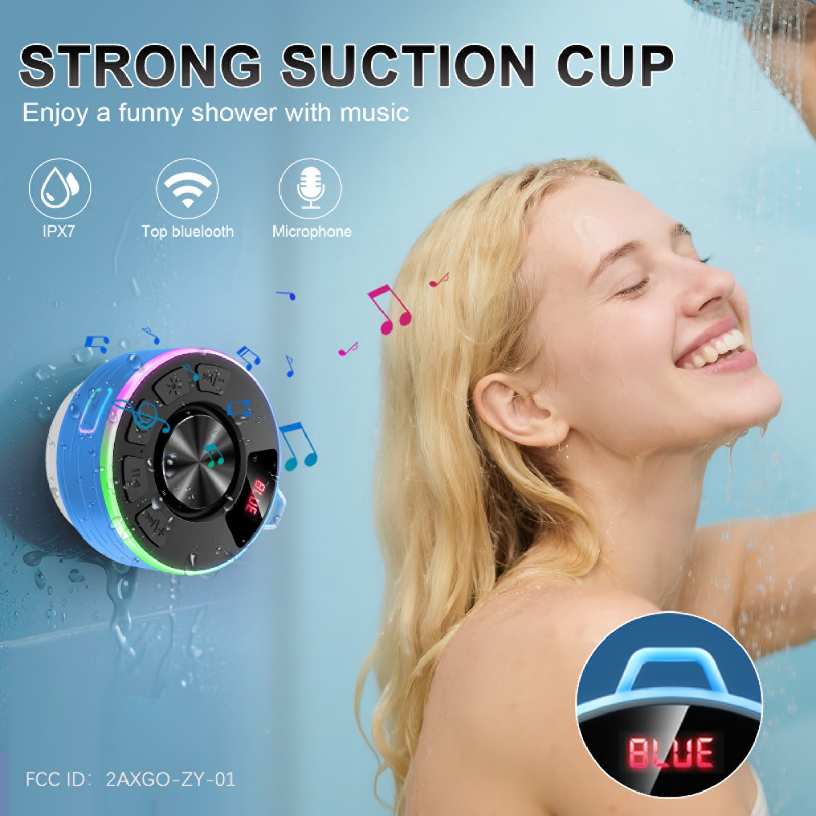Tukio Bluetooth Speaker, IPX7 Waterproof Shower Speaker with Suction Cup, Mini Portable Speaker, 12H Playtime, Bluetooth 5.4, 360° Sound, RGB LED, Hands-Free Calls, Outdoor Pool Beach Gifts, Blue