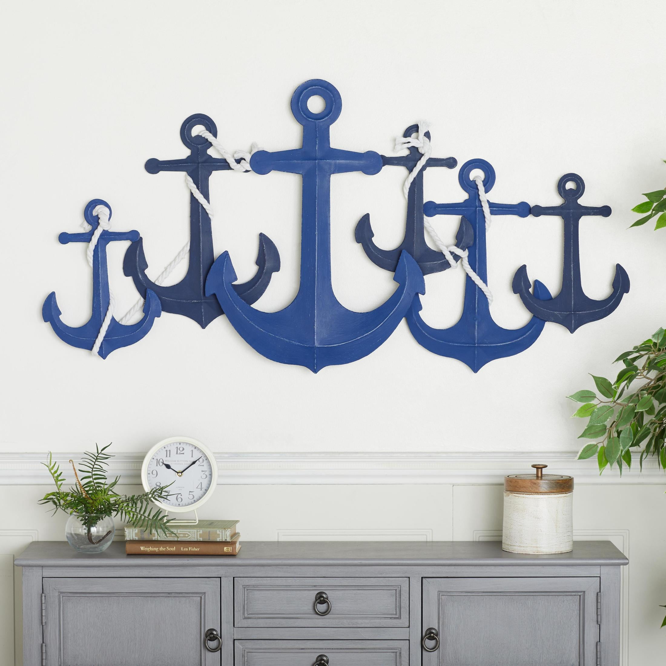 DecMode Blue Metal Indoor Outdoor Anchor Wall Decor with White Rope Detailing