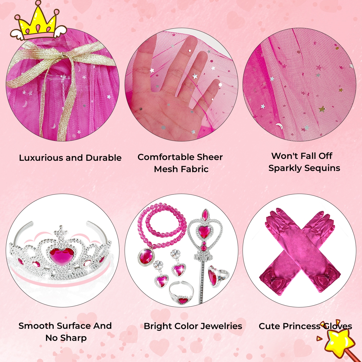 Princess Dress up Halloween Costumes for Girls Jewelry Toys Princess  Costume Dress Pretend Play Set for Girls Age 4.5.6.7.8 Gift for Christmas  Birthday 7Pcs Pink 