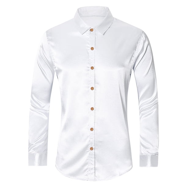 Camisas fiesta formales satén manga larga botones ajuste delgado blanco T M