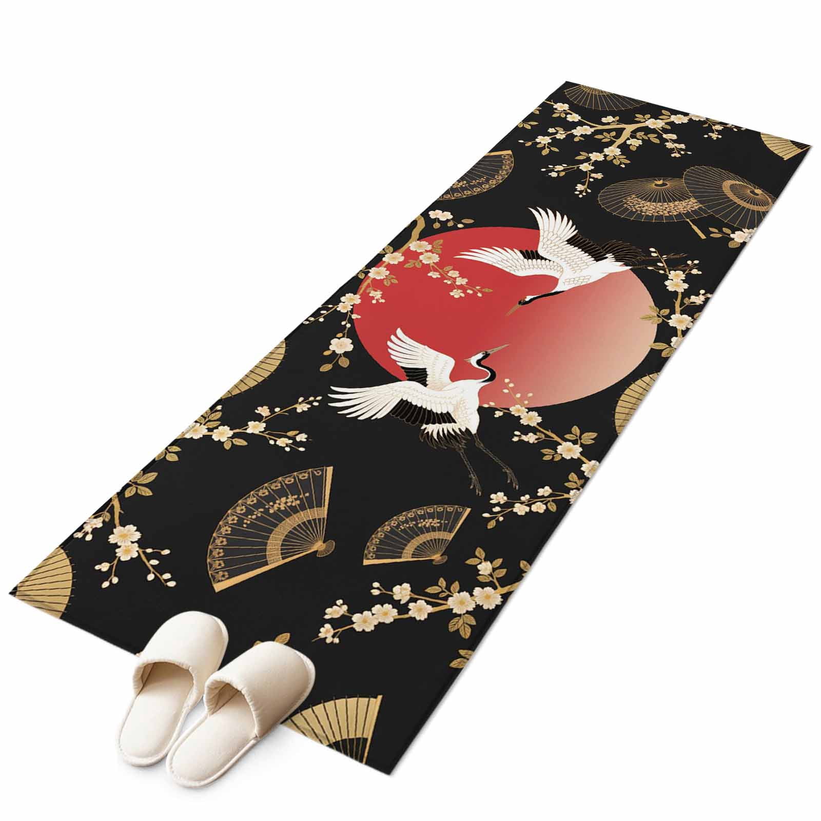 Area Rug 2x6ft Cherry Blossom Crane Carpets Indoor Floor Area Mat Washable Entrance Mat Rugs for Living Room Dining Room Kitchen Bedroom, Paper Fan Japanese Style Sofa Throw Carpet